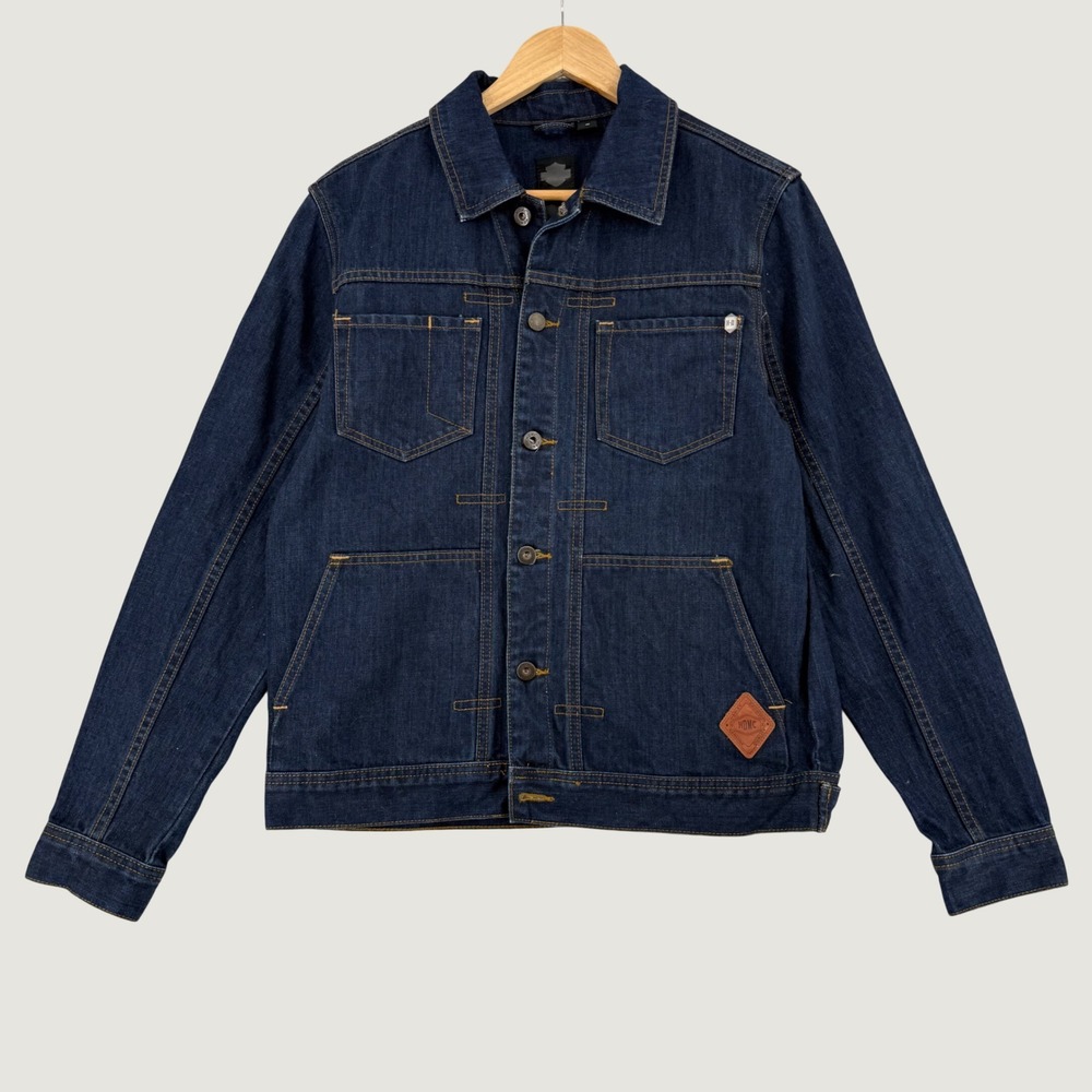 Harley Davidson Denim Trucker Jacket Mens Medium Dark Wash Cotton Biker